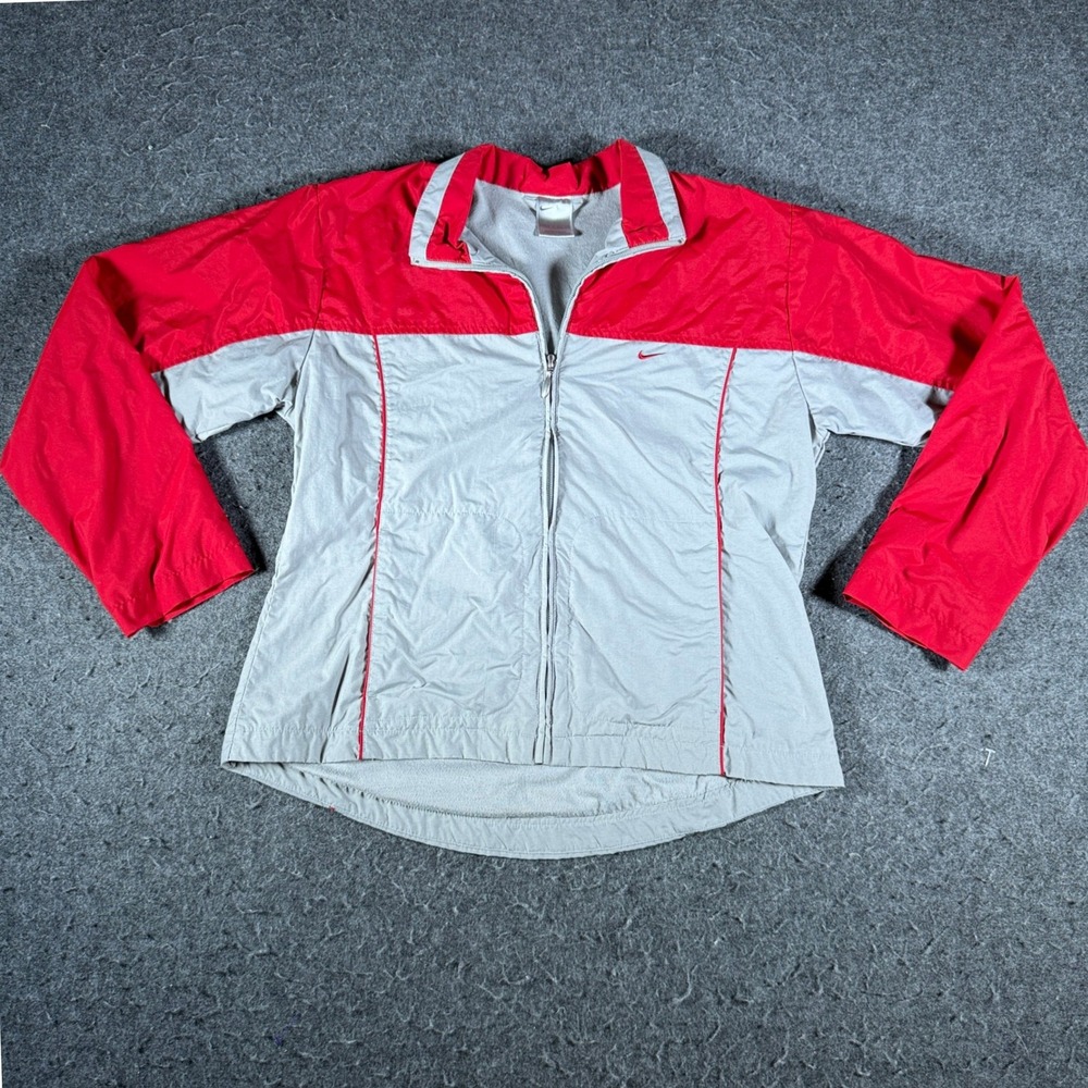 Y2K Nike Womens Red Grey Colorblock Full Zip Fleece Lined Windbreaker Jacket XS